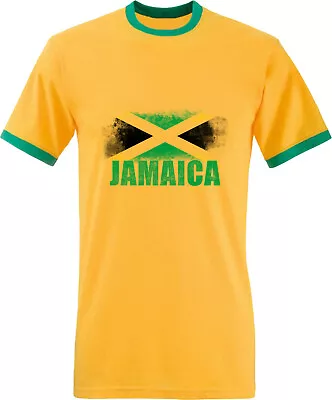 Jamaica Distressed Flag Ringer Top Jamaican Patriotic Flag Gift Yellow Tee Top • £11.99