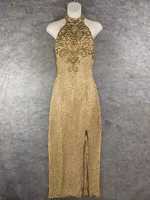 Candys Beaded Dress Womens 6 Beige Gold Beaded Maxi Thigh Slit Cocktail Cruise • $23.91