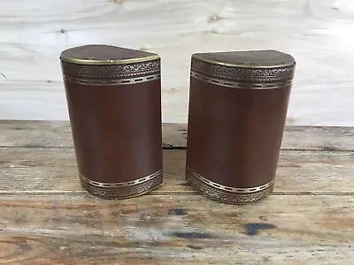 Vintage Mid Century Brown Faux Leather Bookends Gold Trim Cylinder Academia • $27.99