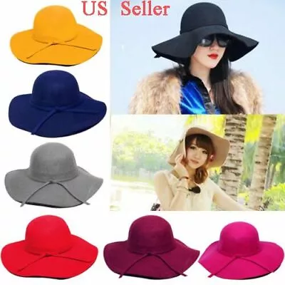 Women Vintage Sun Cap Wide Brim Wool Felt Bowler Fedora Hat Floppy Beach Fashion • $8.99