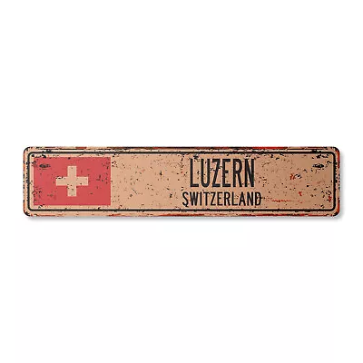 LUZERN SWITZERLAND Vintage Street Sign Swiss Flag City Country Road Wall Rustic • $13.99