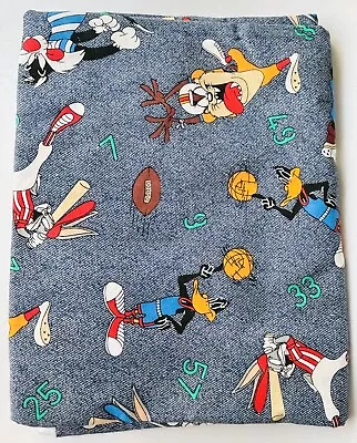 Vtg Fabric 73''x 45  Warner Brothers Looney Tunes Children's Sports Blue 1994 • £24.53