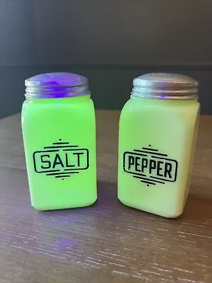 Vintage Uranium McKee Jadite Glass Deco Box Salt & Pepper Large Square Shakers • $70