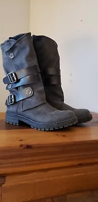 Blowfish Malibu Womens 6.5  Rider Boots Mid Calf Leather Buckle Side Zip • $32.50