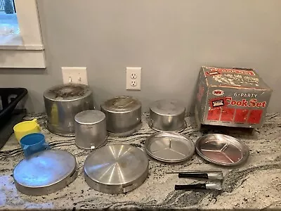 Vintage 6 Party Aluminum Cook Set Plates Pots Coffee Frying Pan Camping Box • $30