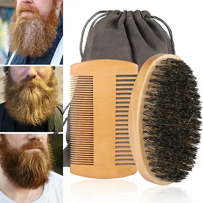 Men Boar Bristle Brush Beard Comb Mustache Wood Shaving Tool Hair Face Cleaning • $10.48