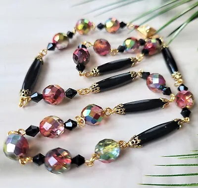 Vintage Glass Necklace 23'' Aurora Boreales Czech Glass Beads WOMEN`S JEWELRY • $41.75