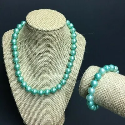 VTG Pop Bead Necklace Bracelet Green Teal Pearl Round Adjustable Retro • $36