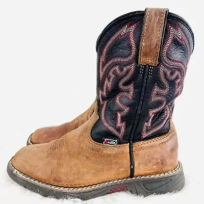 Justins Brown Black & Red Flame Emboirdered Western Cowboy Boots ~ Boys Size 1D • $16