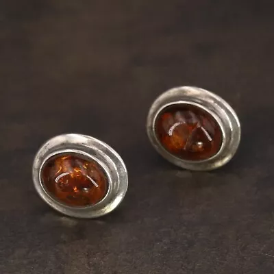 VTG Sterling Silver - POLAND Baltic Amber Cabochon Post Earrings - 3g • $2.99