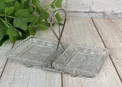 Bon Bon Condiment Pressed Glass Dishes W. Silver Colored Caddy Stand NOT Vintage • $13.15