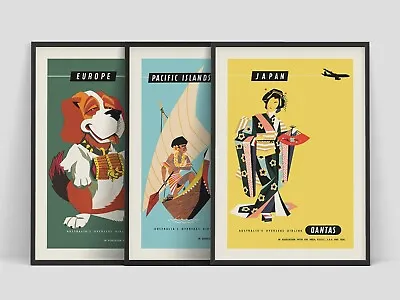 $134.55 • Buy Set Of 3 Quantas Airlines Vintage Retro Travel Poster Art Print. Great Decor Set