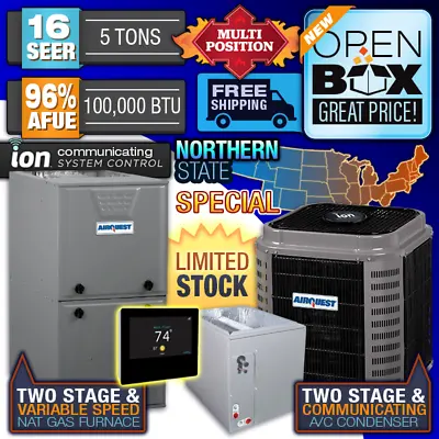 $7563.75 • Buy 5 Ton 16 SEER 96% 100K BTU AirQuest Ion 2 Stage Gas Furnace & Variable AC System