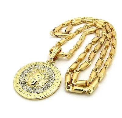 ICED GOLD PT MEDUSA FACE MICRO PENDANT & 4mm 24  BULLET CHAIN FASHION NECKLACE • $14.99