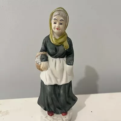 Vintage Ceramic Figurine Lady Carring Her Basket And Apron Green Scarf Unique • $6.99
