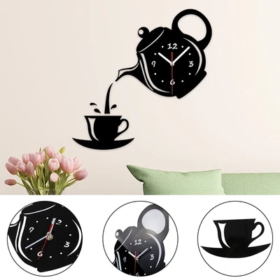 $17.69 • Buy 3D Wall Clock Coffee Cup Teapot Bedroom Kitchen Clock Quartz Sticker Clock Decor