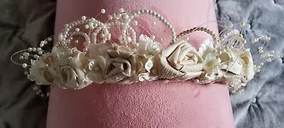£25 • Buy Beautiful Ivory Bridal Tiara With Silk Roses & Veil With Scalloped Edges
