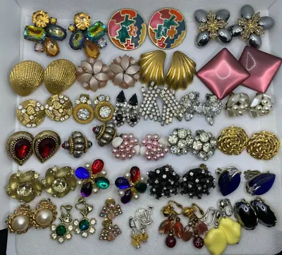 29 Pairs Vintage Clip-On Earrings Unsigned Jewelry Lot Rhinestones Glass Lucite • $135