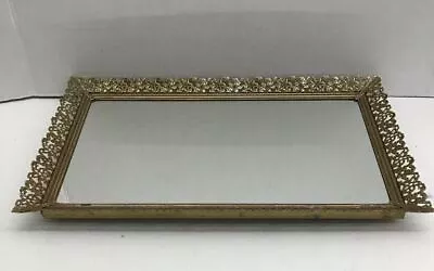 Vintage VANITY MIRROR Dresser TRAY Rectangle 14.5 X9.5  Goldtone Filigree Footed • $16.99