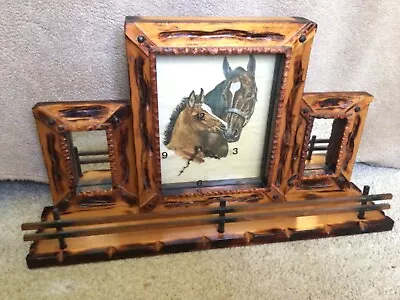 Vintage Rustic Decor Wood Burned Frame Horse Picture Clock & Mirrors Ole Larsen • $59