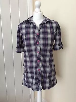 'INTERNACIONALE' Purple Grey Rolled-Up-Sleeves Blouse Size 8. Exc. Condition • £4