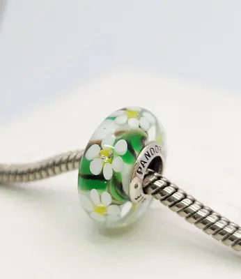 Authentic Pandora  Garden Floral Green WILD FLOWERS Murano Glass CZ Charm • $15.99