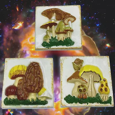 Vtg MCM Ceramic Mushroom 5  Square Wall Hangings 1970s Decor Set Of 3 • $45.55