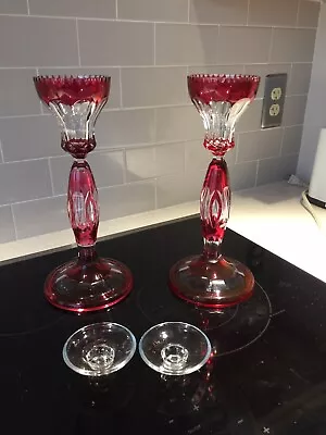 $975 • Buy Art Deco Val St. Lambert Cranberry Cut To Clear Cut Glass Tall Candlesticks RARE