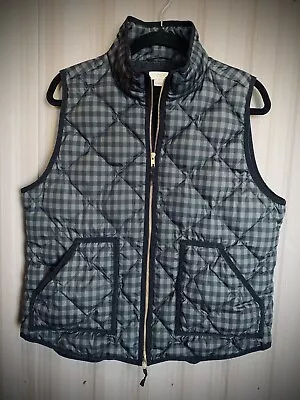 J Crew Excursion Down Puffer Vest Black Grey Check Full Zip Quilted Jacket Sz L • $12