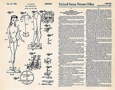 1959 Vintage Barbie Doll Construction Drawing Gifts Patent Art Print Gift Ideas • $21.95