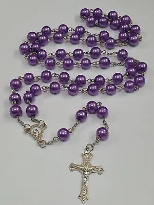 Long Purple Metal Long Catholic Rosary Beads With Our Lady Center 8mm Beads • £4.50