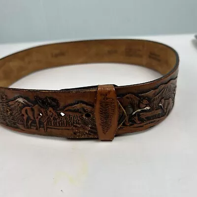 Vintage 32” Lyntone Leather Hand Tooled Western Belt Rockies Scene NO BUCKLE • $33.94