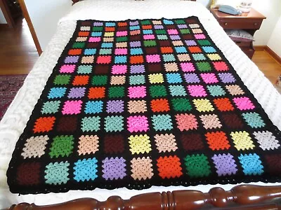 Vtg. GRANNY SQUARE  Stained Glass  Design WOOL Or WOOL BLEND AFGHAN - 45  X 63  • $35