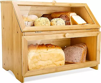 Double Layer Large Bread Box For Kitchen Counter Wooden Large Capacity • $41.78