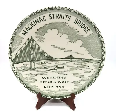 Vintage 1960's Souvenir Plate Mackinac Straits Bridge Michigan Transferware 9.5  • $24