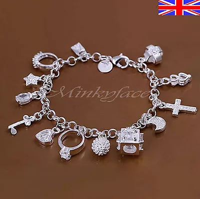 925 Sterling Silver Plt Charm Bracelet Crystal Charms Chain Link 8  Gift Bag • £4.77