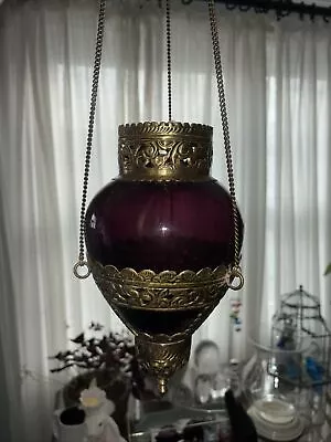 Vintage HANGING MOROCCAN TEA LANTERN LAMP Amethyst Purple - Brass Detailing BOHO • $85