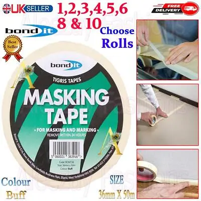 1-10x Rolls Masking Tape Indoor Outdoor Painting Decorating Easy Tear 36mm X 50m • £5.45