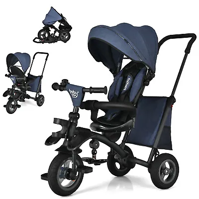 Costway 7-In-1 Kids Baby Tricycle Folding Steer Stroller W/ Rotatable Seat Blue • $109.99