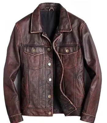 Mens Trucker Brown Real Genuine Leather Biker Cafe Racer Vintage Jacket • $129.99