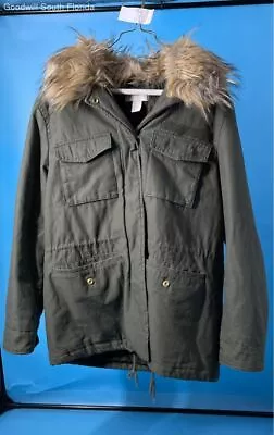 H&M Womens Green Long Sleeve Pockets Fur Hooded Full-Zip Parka Jacket Size 8 • $22.74