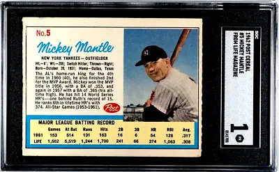 Mickey Mantle 1962 Post Cereal Life Magazine Card SGC 1 New York Yankees MLB #5 • $99.99