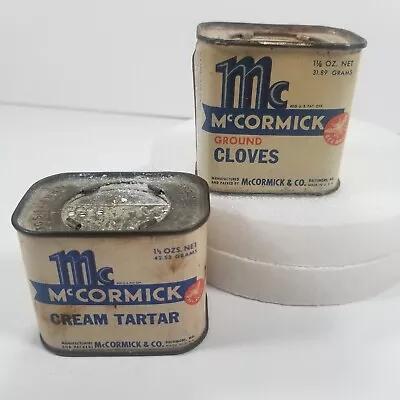 Vintage Spice Tins 2 McCormick Brand Cream Tartar Cloves © 1941 1942 Marked USA • $17.97