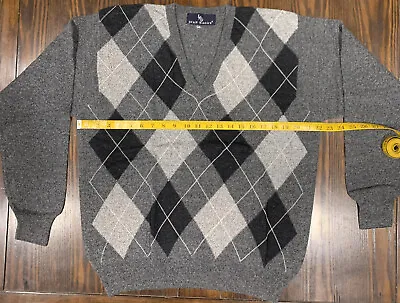 Men's Sweater Argyle Grey Black Charcoal V Neck Long Sleeve Large Wool - Cotton  • $25
