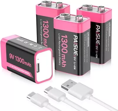 Pack Of 4 9V Rechargeable Batteries 1300mAh High Capacity Lithium-ion Long Lasti • $45.59