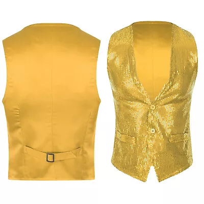 Mens Womens Sparkling Sequin Button Vest Waistcoat Disco Dance Jacket Clubwear • £20.41