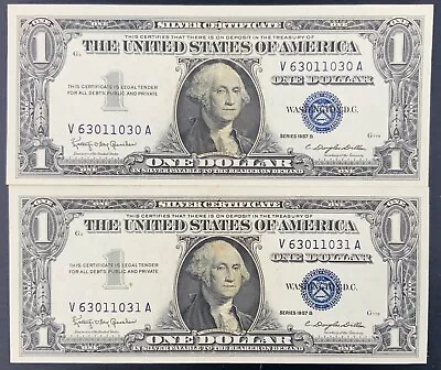 Lot (2) 1957 $1 One Dollar Bill Consecutive Blue Seal Silver Certificate US Note • $24.95