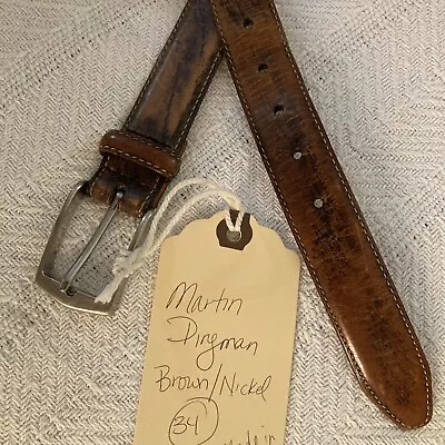 Martin Dingman Brown Leather Belt Size 34 Nickel Colored Hardware Made In USA • $16.75