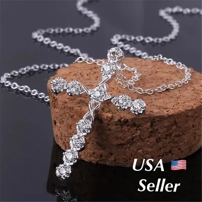 Women's 925 Sterling Silver Cubic CZ Crystal Cross Pendant Necklace 18” N4 • $9.99