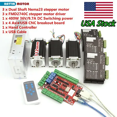 【USA】3 Axis Nema23 Stepper Motor 3A/425oz.in+ Driver USBCNC Board Controller Kit • $229